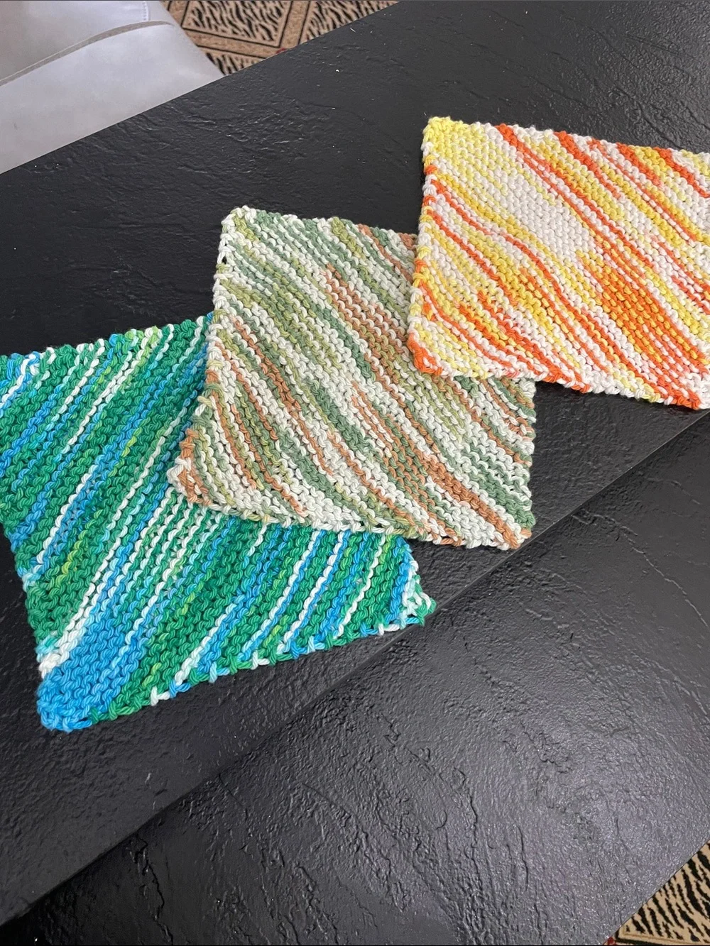 Handmade Knit Dishcloth Set - Green, Neutral, Yellow-Orange approx. 7x7